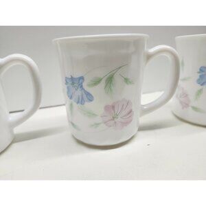 Arcopal France Chloe Mugs Set (3) Blue Pink Flowers Pretty Opal Milk Glass